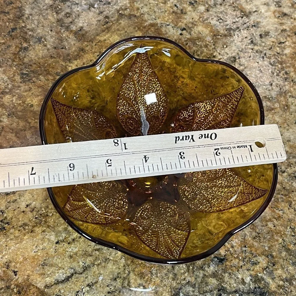 Anchor Hocking Dish Bowl 6.5x3 Inch Amber Glass Renaissance Flower Bloom Pattern